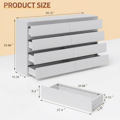 White 8 Drawer Dresser for Bedroom Wooden Closet Storage | Wood Dresser, Modern High Gloss, Handle-Free, for Entryway, Living Room, TV Stand - size: 15.4"D x 55.1"W x 33.9"H (8 Drawers)