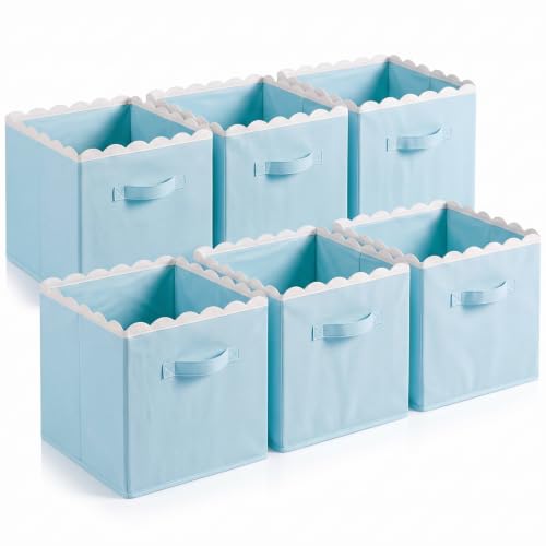 Yalikop 6 Pcs Blue Scalloped Cube Storage Bins 11 Inch Fabric Storage Basket with Handle Collapsible Clothes Closet Organizer Bin for Classroom Books Toy Box Nursery School Organizing - color: Blue