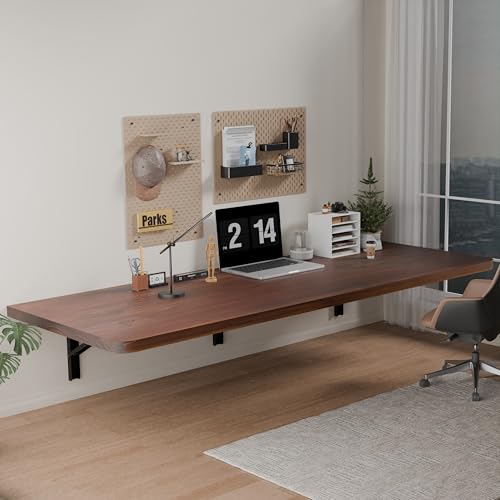 IAE Floating Wall Mounted Folding Table Desk with Pine Wood,60x22in, Walnut | Foldable Workbench,Fold Down Wall Mounted Foldable Desk with Shelf Brackets,Laundry Folding Table for Home,Dining,Kitchen - color: Walnut, size: 60*22*10 Inch