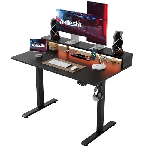 Agilestic 48 * 24 Inch Electric Standing Desk with Shelf & Led, Black | Electric Height Adjustable, Outlets&Led, Monitor Stand, Sturdy Steel Frame, Memory Presets, Hooks, 154 lbs, Splice Board - color: Led-black, size: 48 x 24 Inches with led and power st