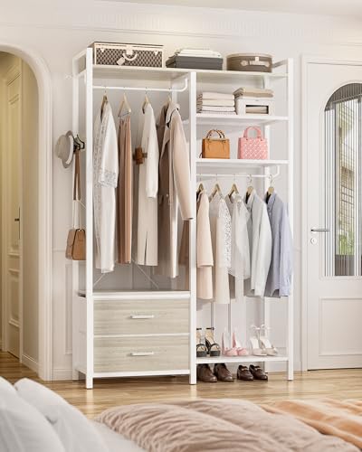 78.7'' Clothes Rack for Hanging Clothes - Reversible Clothing Rack with 2 Drawers, Heavy Duty Garment Racks with Shelves, 6 Tiers Freestanding Closet Wardrobe System with Hanging Hooks, White Oak - color: White Oak, size: 45.3"W