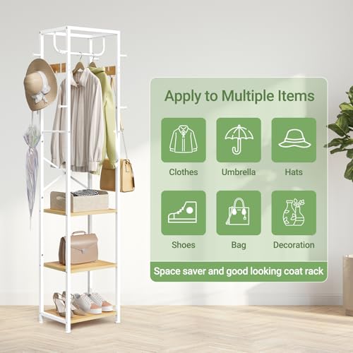 ELYKEN Coat Rack Freestanding, Hall Tree with 3 Shelves and 12 Hooks | Industrial Metal Frame, Space-Saving Design, Clothes Rack Stand Organizer for Bedroom, Hallway, Entryway, Office, Living Room - color: Natural