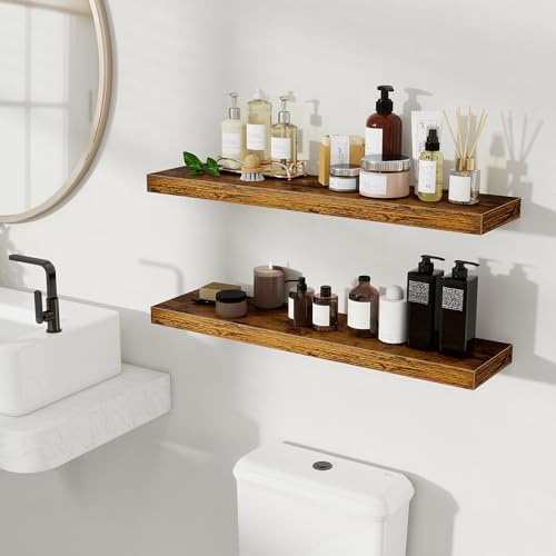 Fun Memories Floating Shelves for Wall, 32 Inch Set of 2 Rustic Wood Wall Shelves with Invisible Brackets, Heavy Duty Storage Display for Living Room Bedroom Kitchen, Brown - color: Rustic Brown, size: 6.5"D x 32"L - 2Pack