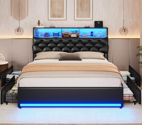 Queen Bed Frame with 4 Drawers & Storage Headboard, Lights, Black PU | LED Bed Frame Queen Size with Charging Station, 5 Shelves, Upholstered Bed with Metal Slats, No Box Spring Needed - color: Black-pu Leather, size: Queen