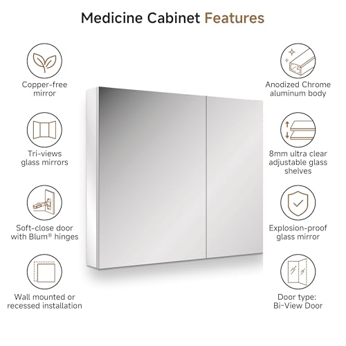 36" x 30" Bathroom Medicine Cabinet with Mirror, Recessed or Wall Mount | Medicine Cabinets with Adjustable Glass Shelves, Soft-Closed Hinge, Chrome Aluminum Frame, Reverse Installation - size: 36" x 30"