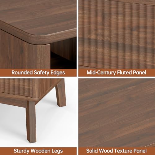 Fluted Lift Top Coffee Table with Storage Shelf and Hidden Compartment, Mid Century Modern Wooden Center Table for Living Room, Home Office, Walnut - color: Walnut Rectangle