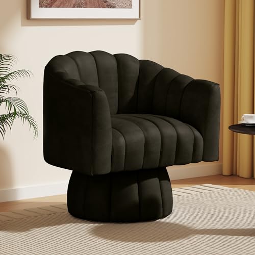 Dewhut Swivel Accent Chair, Barrel Accent Chair, Faux Leather, Black | Faux leather Upholstered Round Arm Chair with 360° Swivel Base, Mid Century Modern Living Room Chair - color: Black-faux Leather