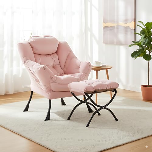 Lazy Chair with Ottoman, Comfy Accent Reading Chair, Velvet Pink | Foldable Footrest,Removable Cover,with Armrests and Side Pockets,Upholstered Lounge Chair for Bedroom,Dorm,Office,Small Space - color: Velvet Pink