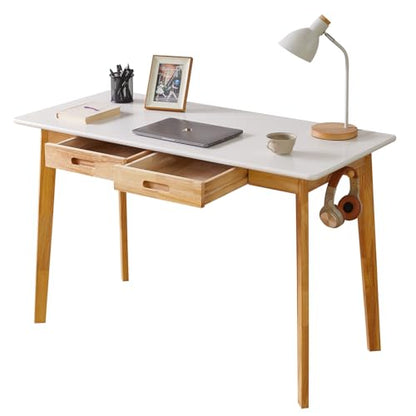 Aibiju Computer Desk with 2 Drawers, 47" Solid Wood Home Office Writing Desk, Compact Simple Tables with Hook for PC, Laptop, Students, Study, Makeup, Bedroom White + Natural Wood Legs YD-WD03WN - color: Table White + Natural Wood Legs, size: Length 47 in