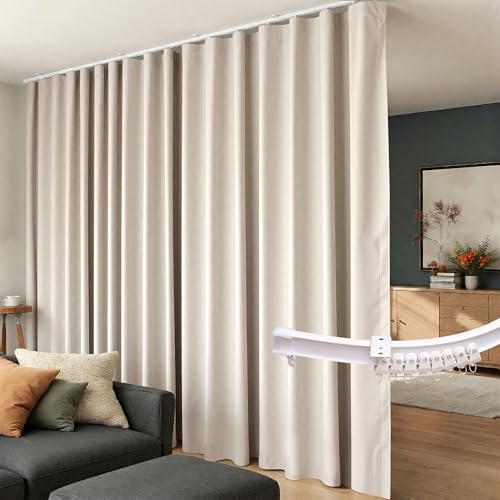Room Divider Curtains Flexible Ceiling Tracks Set,Blackout Ceiling Track Curtain for Sliding Glass Door Living Room Bedroom,Ceilings Curtain Rod Privacy Divider Panel W120xH108 Beige Drape&White Rail - color: Curtain/Track-beige, size: 120"W x 108"L (Pack