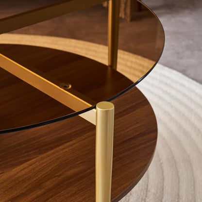 LumFurn Round Coffee Table, Mid-Century Modern Design, D30 x H17, for Living Room, 2-Tier Structure, Amber Glass Top and Walnut MDF Shelf, Sleek Conical Metal Legs with Gold Finish - color: D30" Amber & Walnut