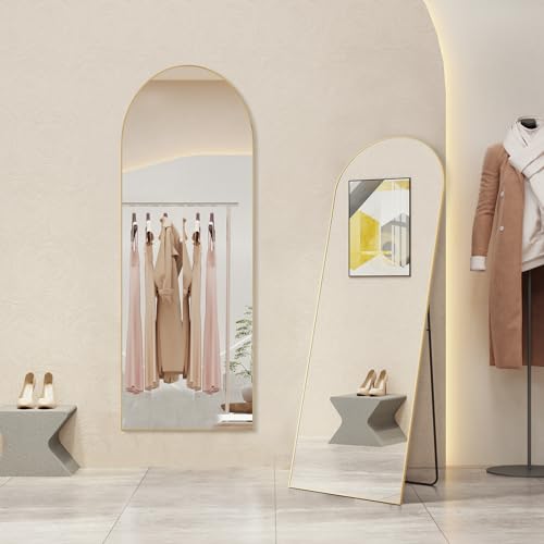 Arched Full Length Floor Mirror, 21"x64" Body Wall Mirror with Stand | Shatter-Proof Nano Glass, Tall Standing, Hanging or Leaning, Aluminum Alloy Frame for Bedroom, Modern Home Decor, Gold - color: Gold-arched, size: 64"L x 21"W