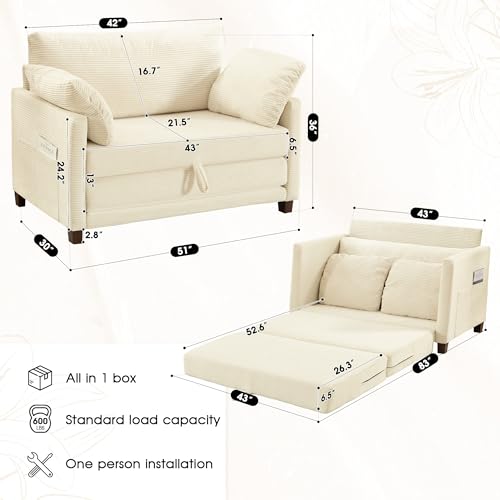 Myroyalsit 51" Convertible Loveseat Sofa Bed, 2-in-1 Folding Sofa Bed with 2 Pillow for Small Spaces, Modern Loveseat Sleeper Couch for Apartment, Living Room & Guest Room (Corduroy Beige, 51 inch) - color: Beige Corduroy, size: 51 inch