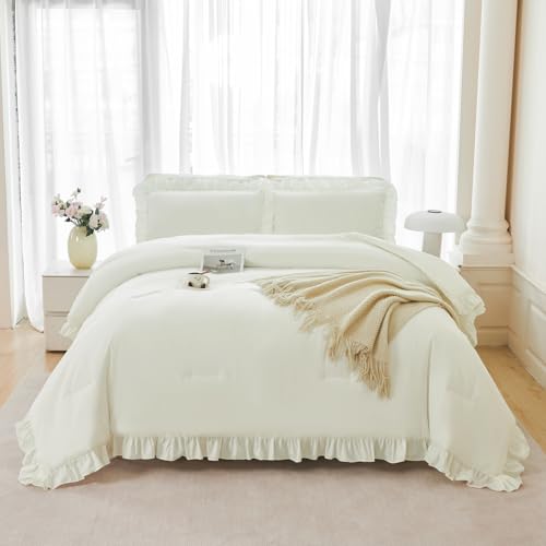 ANGIYUIN 5Pcs Full Szie Comforter Set Ivory Ruffle Bed in A Bag with Sheets Beige Farmhouse Aesthetic Bedding Comforter Set Soft Fluffy Bed Sets for Kids Teens(Ivory Full) - color: Ivory, size: Full(5Pcs)