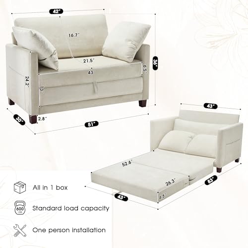 Myroyalsit 51" Convertible Sofa Bed, 2 in1 Folding Sofa Bed, Loveseat Sleeper Sofa for Small Spaces, Fold Out Floor Couch with 2 Pillows for Apartment, Living Room & Guest Room, Beige Chenille Fabric - color: Beige Chenille, size: 51 inch