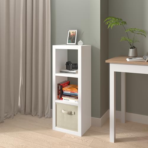 furtble 3 Cube Storage Organizer Shelf with Bins, White 3 Tier Bookcase with Fabric Storage Bins, Morden Bookshelf for Bedroom, Living Room, Closet, Office, 11.5" D x 11.5" W x 37.67" H - color: White, size: 3 cube