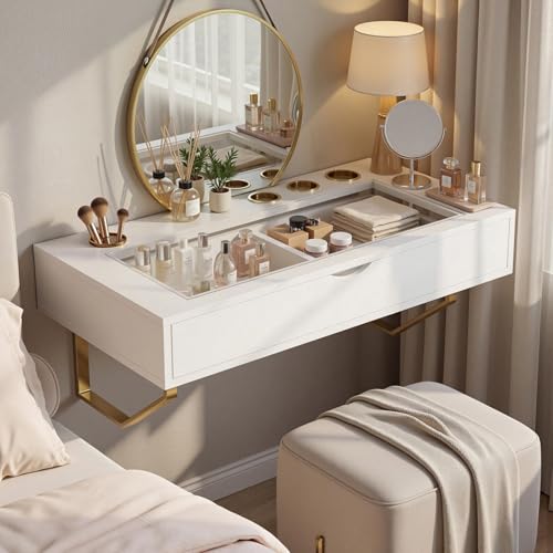 Floating Makeup Vanity Table, 31 inch Wall Mounted Desk for Bedroom, White | Floating Nightstand, Dressing Table with Drawer, Writing Desk, Saves Floor Space and Keeps Items Organized