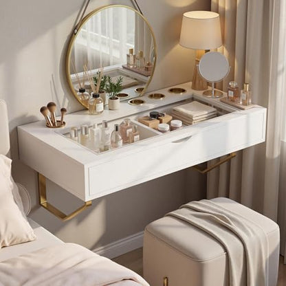Floating Makeup Vanity Table, 31 inch Wall Mounted Desk for Bedroom, White | Floating Nightstand, Dressing Table with Drawer, Writing Desk, Saves Floor Space and Keeps Items Organized