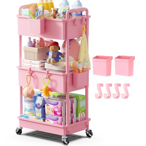Goovilla Diaper Cart with Lockable Wheels and Easy Assembly, 3 Tier Pink | Rolling Cart for Baby Nursery Storage, Sturdy Ample Diaper Caddy Organizer for Baby Girl, Boy, New Mom, Newborn Essentials - color: Pink