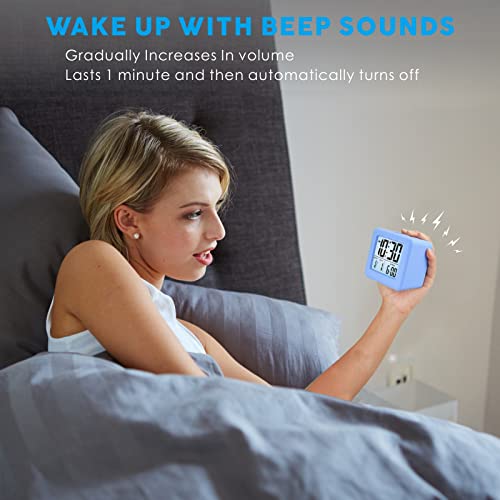 Plumeet Digital Alarm Clock Kids Clock with Snooze and White Nightlight - Easy Setting Travel Alarm Clocks Display Time, Date, Alarm - Ascending Sound - Battery Powered (Baby Blue) - color: Baby Blue