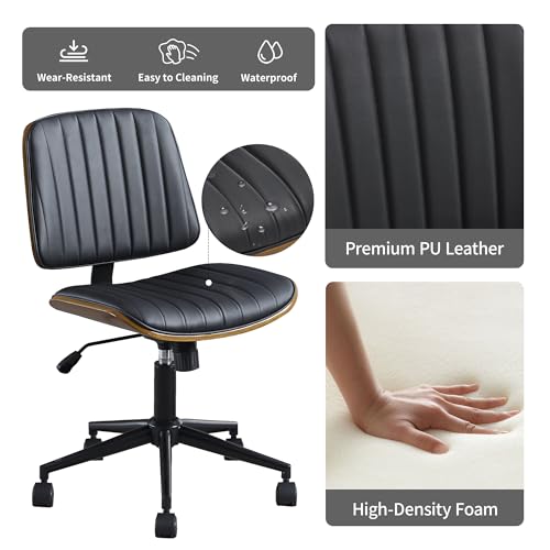 VipDesk Small Home Office Chair - Armless Mid Back Desk Chair with 360° Swivel and Wheels, PU Upholstered Height Adjustable Modern Walnut Computer Chair for Home, Office Meeting Room - Black - color: Black, size: Classic