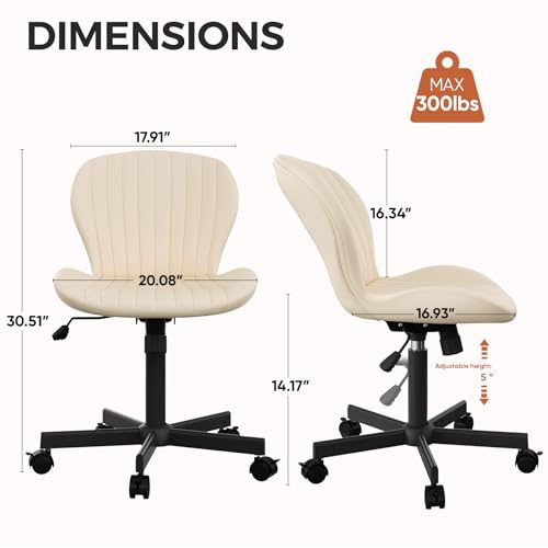 Armless Office Chair, PU Leather Office Chair with Wheels & Adjustable Height, Swivel Rocking Computer Chair, Ergonomic Soft Padded Office Chairs for Small Space, Study and Vanity, Beige - color: Beige