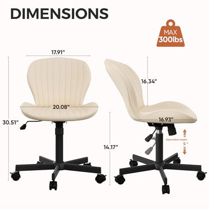 Armless Office Chair, PU Leather Office Chair with Wheels & Adjustable Height, Swivel Rocking Computer Chair, Ergonomic Soft Padded Office Chairs for Small Space, Study and Vanity, Beige - color: Beige