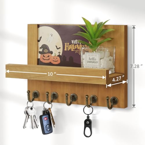 HONJIN Farmhouse Wall Key Holder for Wall : Holiday Card Slot Design Wooden Mail Organizer Wall Mount Dog Leashes Holder Hanger (Light Brown) | Key and Mail Holder Wall Mount, Wooden Entryway Organizer and Decorative, Easy Installation, 10*3.8*6.85 Inch -