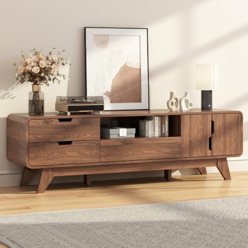 EAG Mid Century Modern TV Stand for 65 Inch TV, Entertainment Center with Storage Cabinet & 3 Drawers, Media and TV Console for Living Room, Bedroom, Walnut - color: Walnut, size: 62"