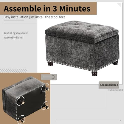 Storage Ottoman Bench, Rectangle 24" Velvet Foot Rest Stool Square Footstool for Living Room, Bedroom, Charcoal Grey - color: Charcoal Grey