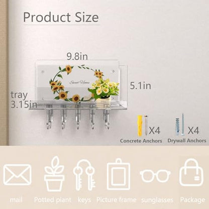 Wall Key Holder for Wall with 5 Hooks, Clear Acrylic Sunflower Design for Mail and Coats, Multi-Purpose Wall Mounted Organizer Shelf, Home Room Wall Decor, Easy to Install