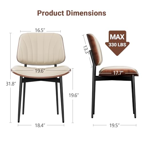 YaFiti Mid Century Dining Chairs Set of 2 with Walnut Bentwood, Greige | Ergonomic Walnut Backrest, Upholstered Waterproof PU Leather Seat, Stable Metal Legs, Adjustable Footpads, Apartment Friendly - color: Greige Scallop