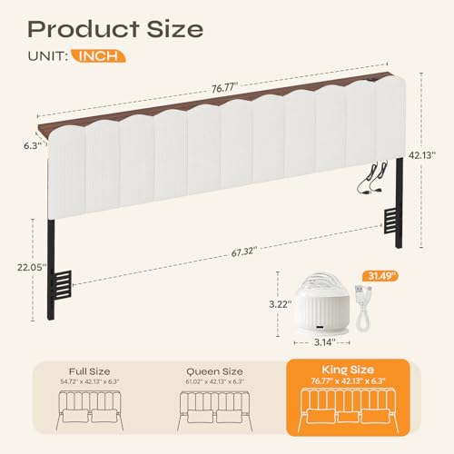 King Aurora Light Headboard with Storage Shelf, White | Aurora ceiling projector, scalloped tufted design, USB-A & Type-C ports, storage shelf, adjustable height, foam padded - color: White-with Aurora Light, size: King