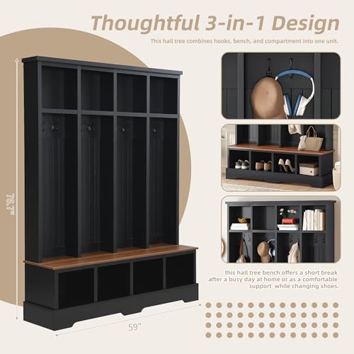 Merax Farmhouse Hall Tree with Bench and Shoe Storage, 59" Entryway Bench with Coat Rack, 3-in-1 Hall Tree with Top Compartments and 8 Hooks for Hallway, Living Room, Black - color: Black