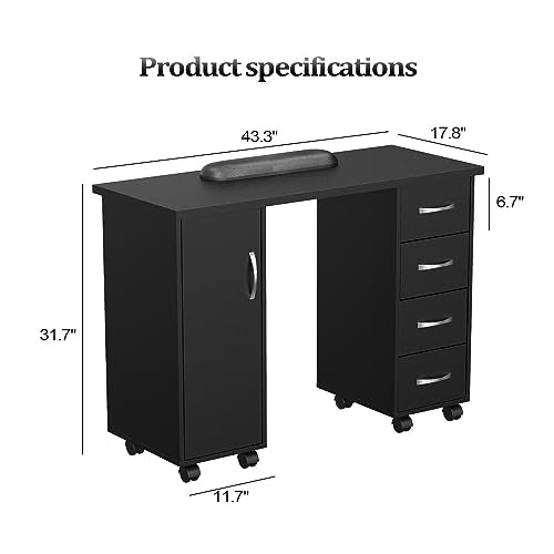 OmySalon OmySaon Manicure Table Nail Desk w/Cabinet, Drawers, Wheels & Wrist Rest, Spa Salon Beauty Home Wooden Technician Workstation Nail Art Equipment for Nail Tech, Black - color: Black
