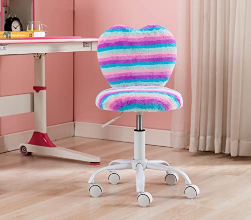 chairus Kids Desk Chair Faux Fur Small Study Chair for Teenage Girls, Adjustable Heart Shaped Kids Vanity Chair for Bedroom Reading Living Room, Cute Student Task Chair with White Foot, Rainbow - color: Rainbow