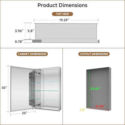 20" x 30" Bathroom Medicine Cabinet with Mirror, Recessed or Wall Mount | Medicine Cabinets with Adjustable Glass Shelves, Soft-Closed Hinge, Chrome Aluminum Frame, Reverse Installation - size: 20" x 30"
