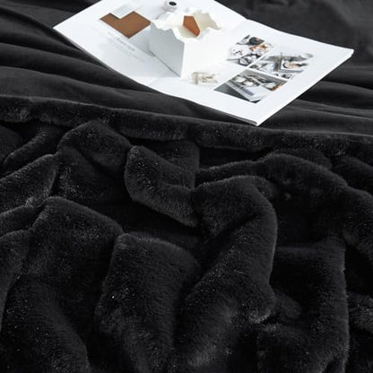 Cozy Bliss Deluxe Sheared Rabbit Faux Fur Throw Blanket, Black 60"x80" | Soft Fuzzy High-Low Sculpted Plush Blanket for Couch, Cozy Home Accent, All Season Use - color: Stripe - Black, size: Twin(60" x 80")