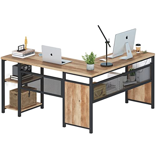 L Shaped Computer Desk with Wood Shelves, Industrial Rustic Home Office Corner Desk with Metal Legs (Rustic Oak, 59 Inch) - color: Rustic Oak