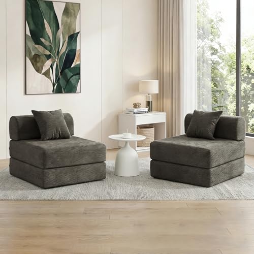 31.5'' Convertible Compressed Corduroy Folding Cloud Sofa Bed Set of 2, 2 Pieces Modern Boneless Pull Out Sleeper Sofa Couch, 3 in 1 Portable Lazy Floor Lounge Chair Set, No Assembly Needed, Grey - color: Grey, size: 32''
