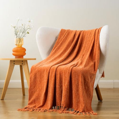 BATTILO HOME Burnt Orange Chenille Throw Blanket for Couch, Soft Cozy Knitted Fall Throw with Tassels, Lightweight Throw Blanket for Fall Decor Bed Sofa Living Room, 50"x60" | Soft Chenille Fall Blanket with Fringe Tassels, Lightweight Fall Decor and Fall
