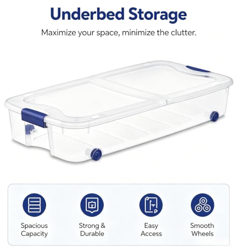 66 Quart Underbed Storage with Wheels, Plastic Under Bed Storage Bin with Latching Lid, Low Profile Rolling Organizer for Clothes, Shoes and Blankets, Clear, 1-Pack