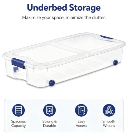 66 Quart Underbed Storage with Wheels, Plastic Under Bed Storage Bin with Latching Lid, Low Profile Rolling Organizer for Clothes, Shoes and Blankets, Clear, 1-Pack