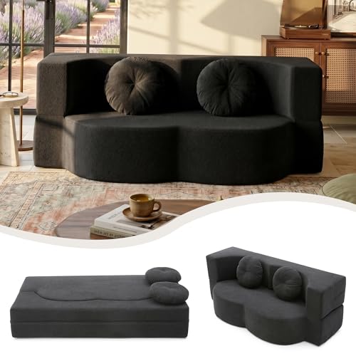 76" Convertible Folding Futon Sofa Bed, Queen Sleeper Sofa with Pillow, Teddy Floor & Futon Loveseat Couch, Foam Folding Mattress Sleeper for Living Room, Guest Use, Apartment, No Assembly (Black) - color: Black