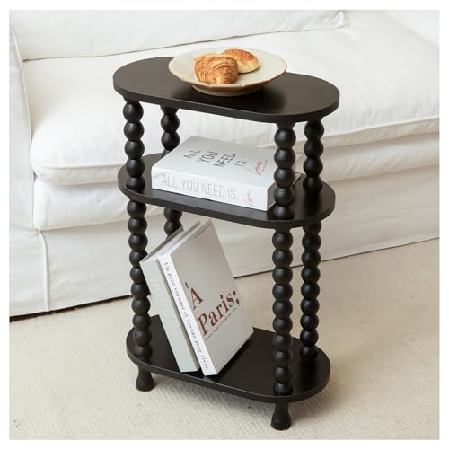 3-Tier Narrow Side Table, Slim End Table for Small Spaces | Skinny wooden side table with shelf storage. Ideal as living room accent or bedroom nightstand.Easy assembly, space-saving - color: Black