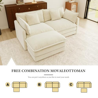 76.7” Oversized Beige White Loveseat Sofa, 2 Seater Large Sectional Couches for Living Room, Chenille Fabric Modular Sectional Sofa with 1 Ottoman, Deep Seat Home Sofas Set, Love Seat Couches - color: Beige White, size: 2 Seater + 1 Ottoman