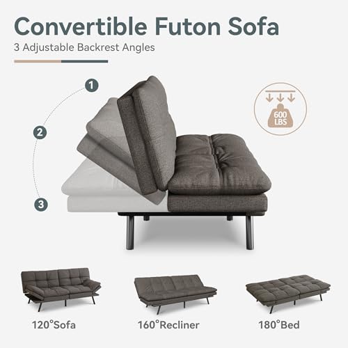 Futon Sofa Bed Convertible Couch, Grey Linen Sofa Bed | Adjustable Backrest & Armrests, Multifunctional Small Loveseat Sleeper Sofa for Living Room, Apartment, Office, Foam Couch - color: A1 | Dark Grey