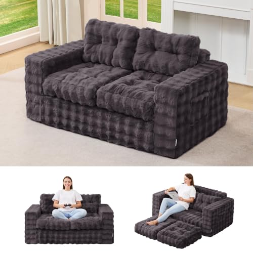 Hobestluk Adult Loveseat Sofa Couch Comfortable Foam Floor Seat, Dark Grey | Large 2-in-1 Sofa, Tufted Button Design, Foam Filling, No Assembly, Living Room, Relaxing, Gaming, Premium Bubble Fabric - color: Bubble Dark Grey, size: Loveseat