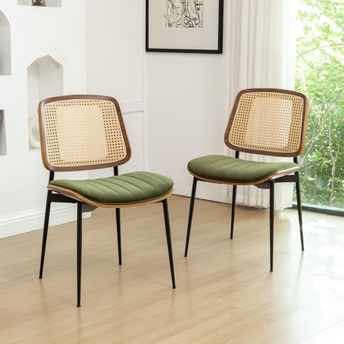 Rattan Dining Room Chairs Set of 2, Mid Century Modern Kitchen Chairs,Green Velvet Walnut Wood Finish Side Chair, Metal Legs Chair with Rattan Backrest,Green Fabric - color: Green 2, size: Set of 2