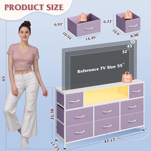 WLIVE LED Dresser TV Stand for 55 Inch TV, 8 Drawers, Purple | Fits TVs up to 55 inch, 8 fabric drawers, LED chest of drawers, Built-in power outlet, Living room or bedroom - color: Purple